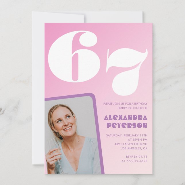 Pink 67th birthday invitations Retro Photo (Front)