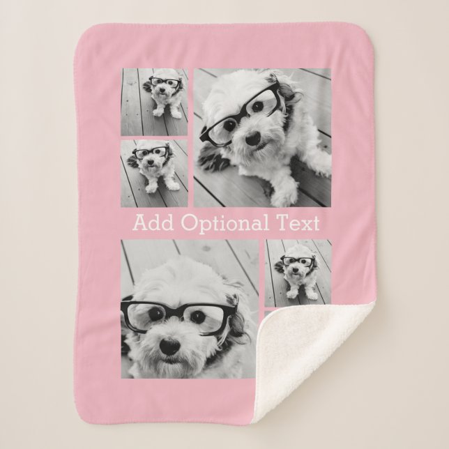 Pink 6 Photo Collage Optional Text CAN Edit Colour Sherpa Blanket (Front)
