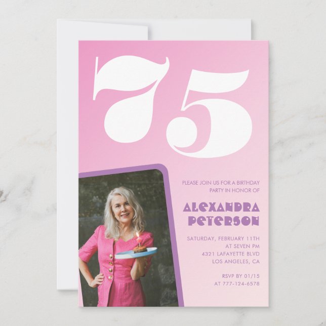 Pink 75th birthday invitations Retro Photo (Front)