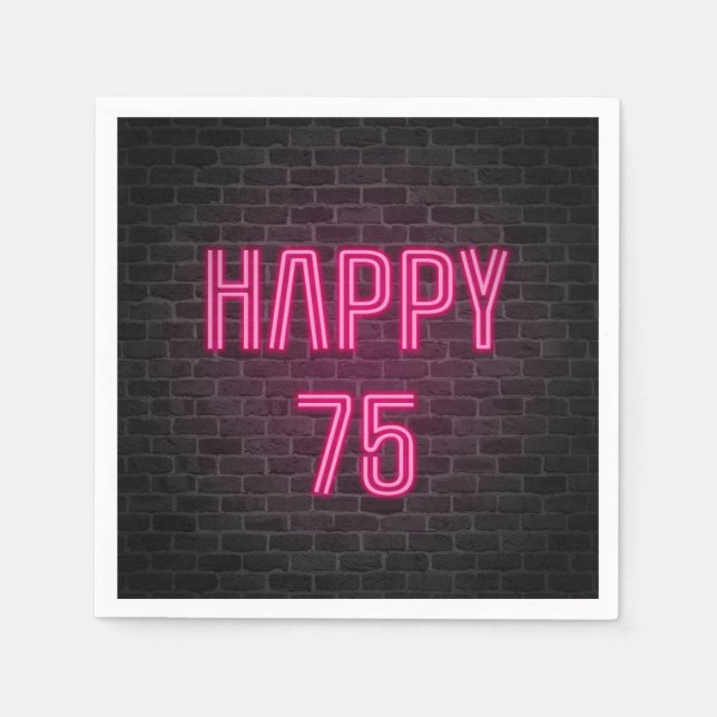 Pink 75th Birthday neon sign on brick wall Napkin (Front)