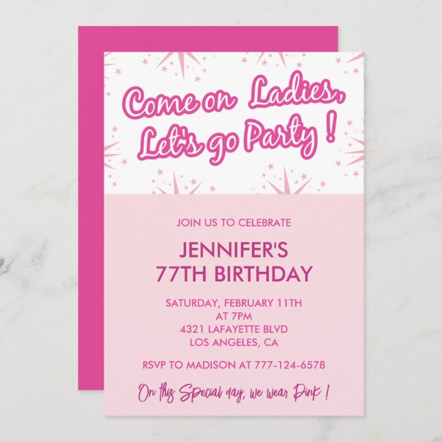 Pink 77th birthday invitations Trendy Fun Girly (Front/Back)