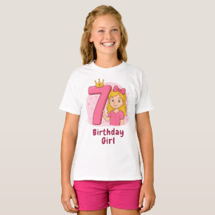 Pink 7th Birthday Girl with Crown and Bow T-Shirt