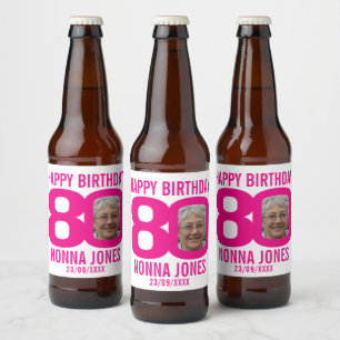 Pink 80th Birthday custom photo name label