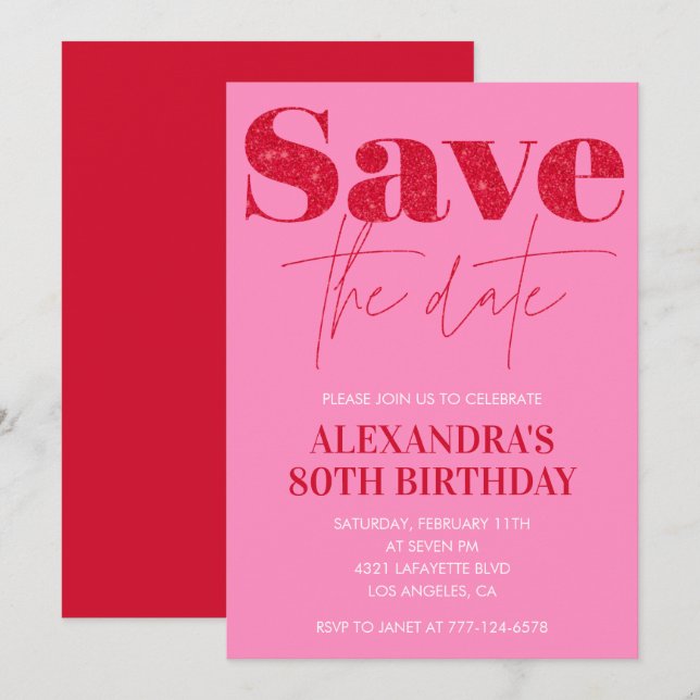 Pink 80th birthday invitations Save the date Chic (Front/Back)