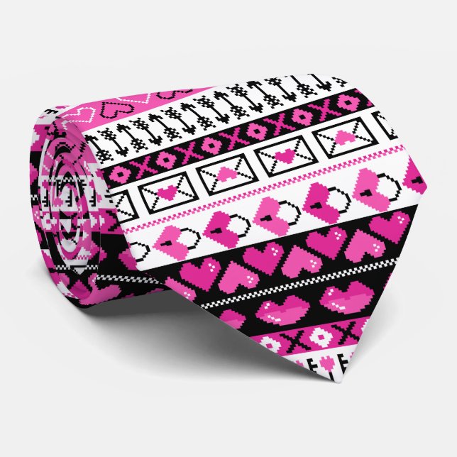 Pink 8 Bit Love hearts Tie (Rolled)