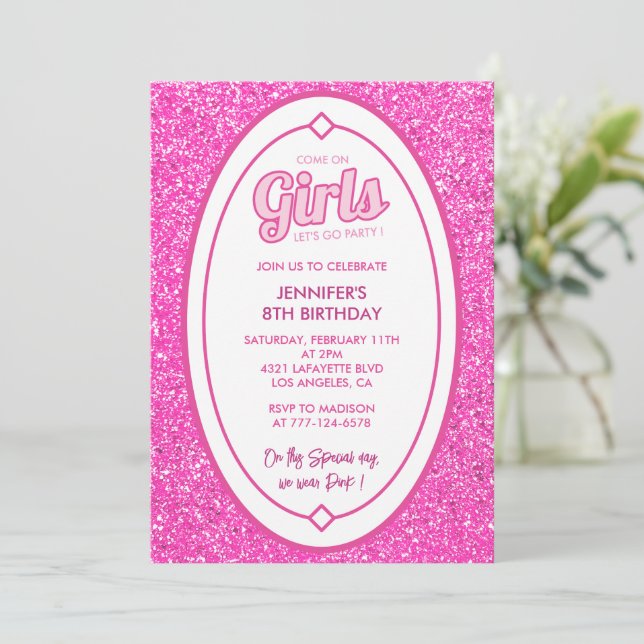 Pink 8th birthday invitations Glitter fushia (Standing Front)