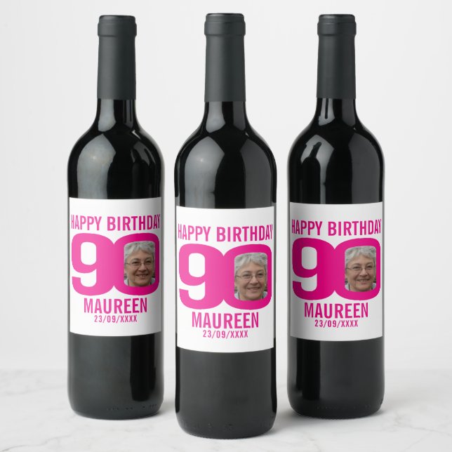 Pink 90th Birthday custom photo name label (Bottles)