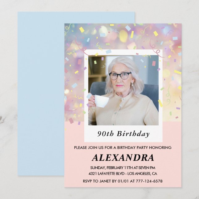 Pink 90th birthday invitations Confetti Photo  (Front/Back)