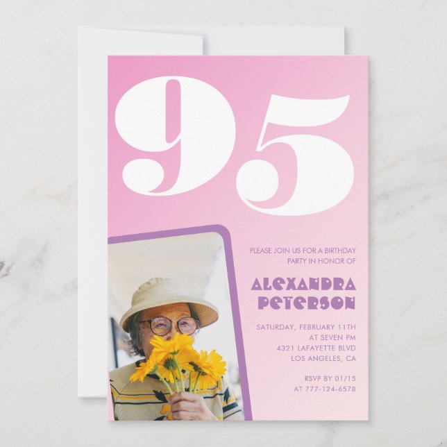 Pink 95th birthday invitations Retro Photo (Front)