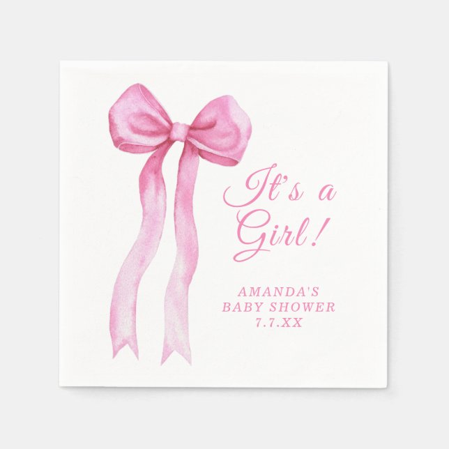 Pink a Bow It's Girl Baby shower Napkin (Front)