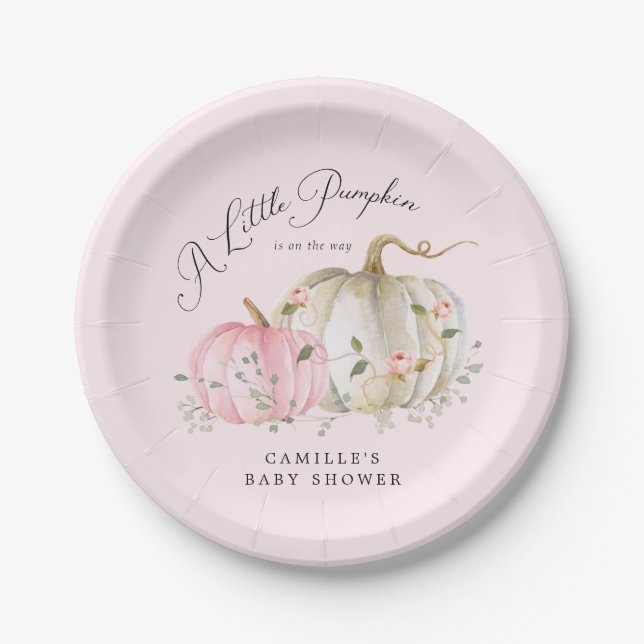 Pink A Little Pumpkin Girl Baby Shower Paper Plate (Front)