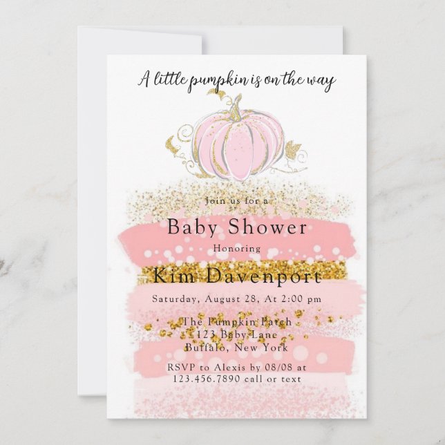 Pink A Little Pumpkin Is on The Way Baby Shower Invitation (Front)