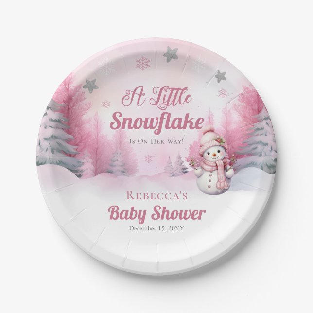 Pink A Little Snowflake | Snow Girl Baby Shower Paper Plate (Front)