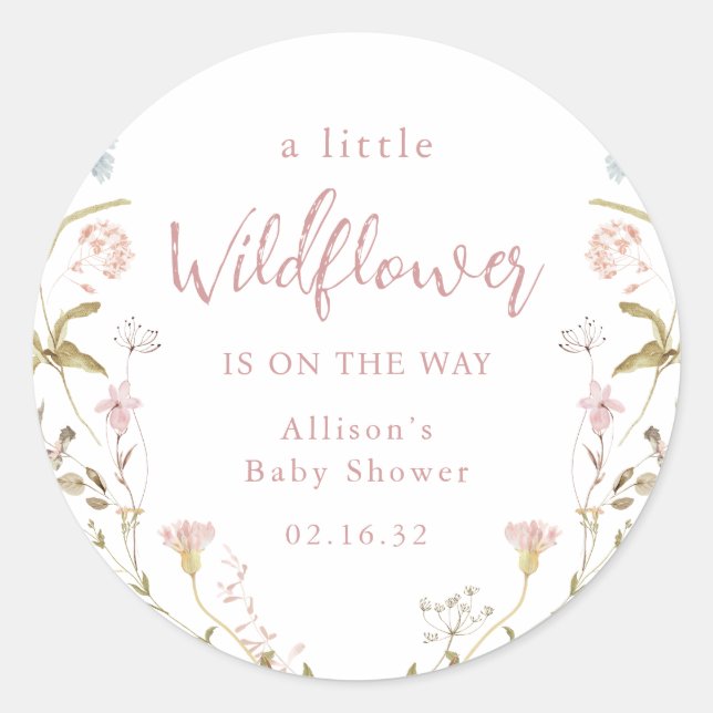 Pink A Little Wildflower Rustic Boho Baby Shower  Classic Round Sticker (Front)