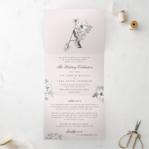 Pink 'A' Monogram Beautiful Sketch Floral Wedding Tri-Fold Invitation