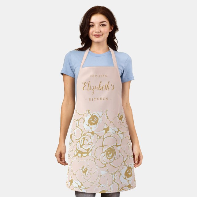 Pink abstract floral pattern personalized cooking apron (Worn)