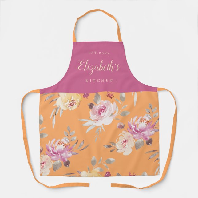 Pink abstract floral pattern personalized cooking apron (Front)