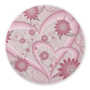 Pink Abstract Hearts & Flowers Love Fractal Art Ceramic Knob