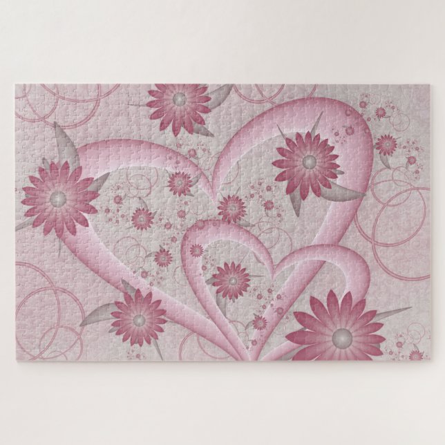 Pink Abstract Hearts & Flowers Love Fractal Art Jigsaw Puzzle (Horizontal)