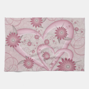 Pink Abstract Hearts & Flowers Love Fractal Art Kitchen Towel