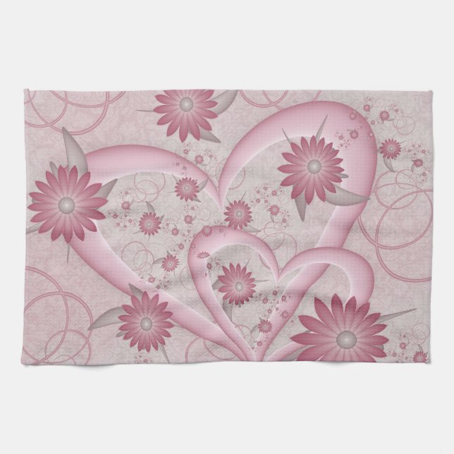 Pink Abstract Hearts & Flowers Love Fractal Art Kitchen Towel (Horizontal)