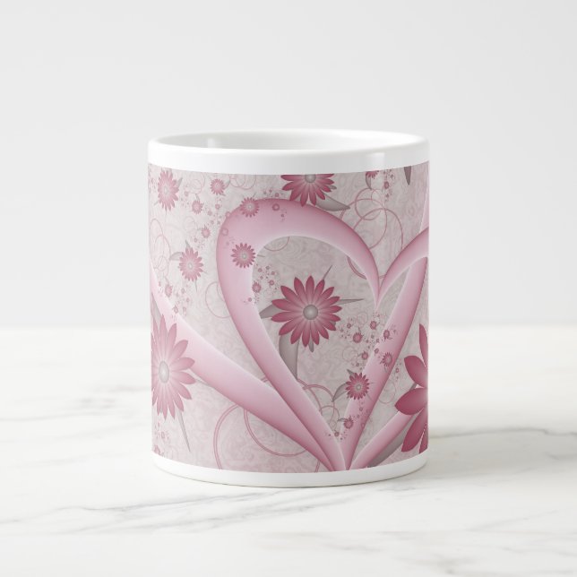 Pink Abstract Hearts & Flowers Love Fractal Art Large Coffee Mug (Front)