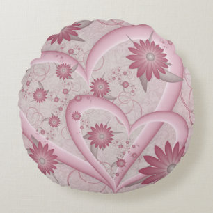 Pink Abstract Hearts & Flowers Love Fractal Art Round Pillow