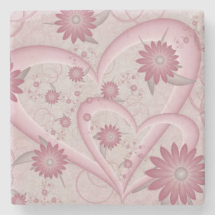 Pink Abstract Hearts & Flowers Love Fractal Art Stone Coaster