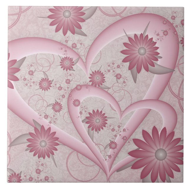 Pink Abstract Hearts & Flowers Love Fractal Art Tile (Front)