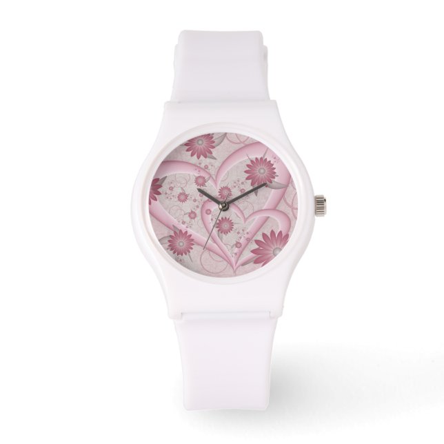 Pink Abstract Hearts & Flowers Love Fractal Art Watch (Front)