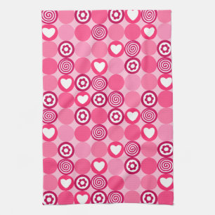 Pink abstract pattern with dots, flowers, hearts a kitchen towel