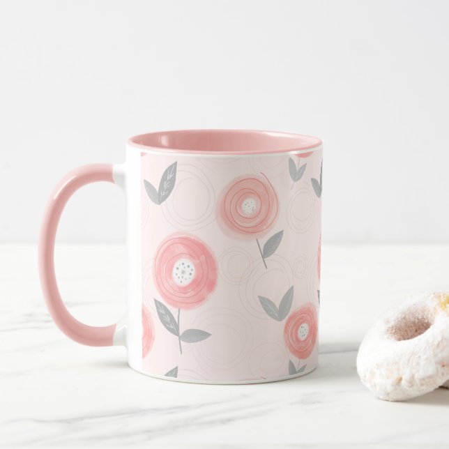 Pink Abstract Watercolor Flower Pattern Mug (With Donut)