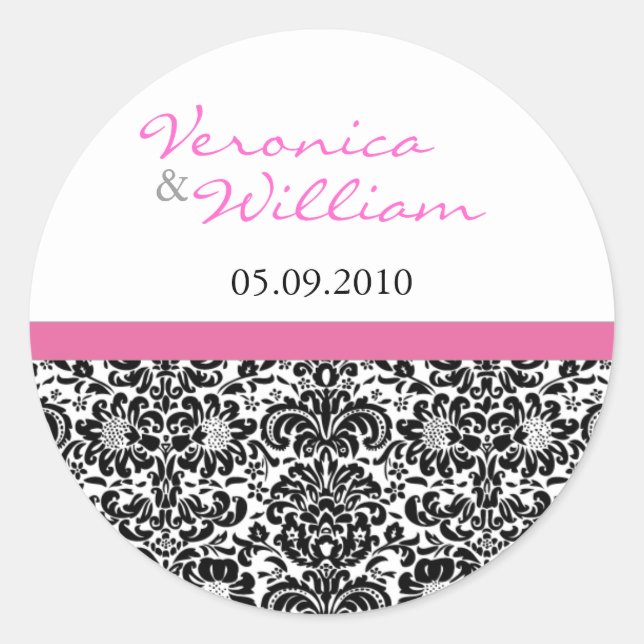 Pink Accent Damask Save the Date Sticker (Front)