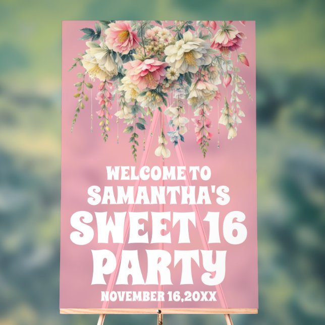 Pink Acrylic Floral Sweet 16 Welcome Sign (Neutral)