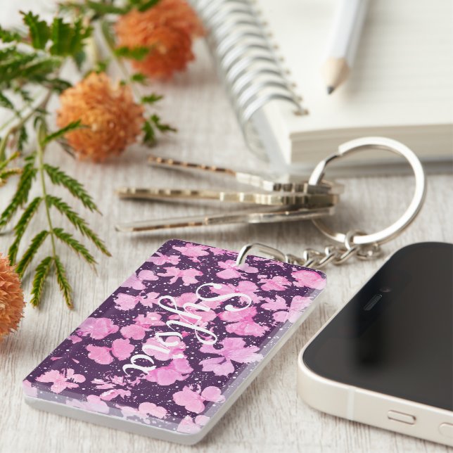 Pink Acrylic Paint Flower Petals Keychain (Front Right)