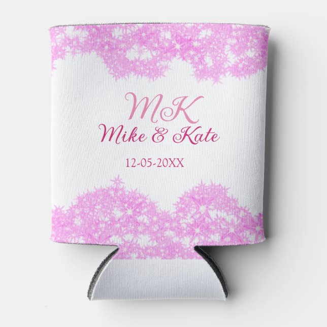 Pink add couple name date monogram glitter sparkle can cooler (Front)