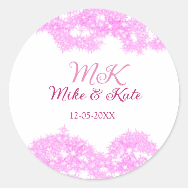 Pink add couple name date monogram glitter sparkle classic round sticker (Front)