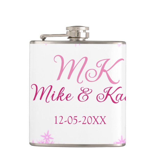 Pink add couple name date monogram glitter sparkle hip flask (Front)