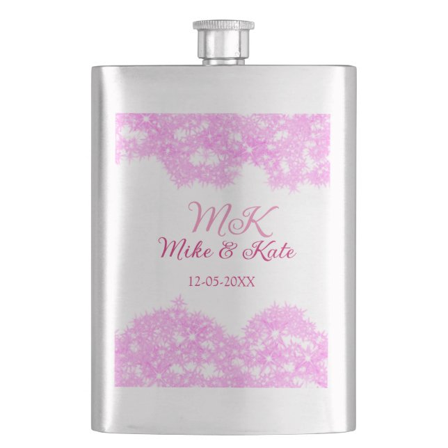 Pink add couple name date monogram glitter sparkle hip flask (Front)