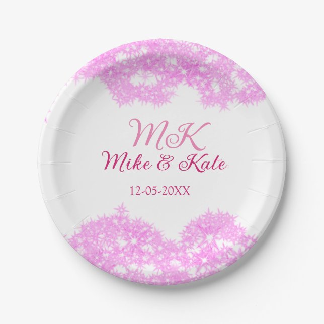 Pink add couple name date monogram glitter sparkle paper plate (Front)