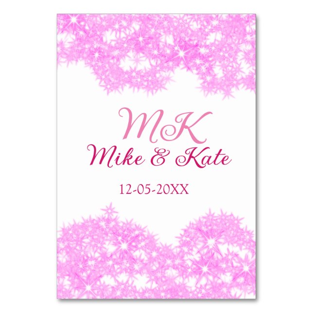 Pink add couple name date monogram glitter sparkle table number (Front)