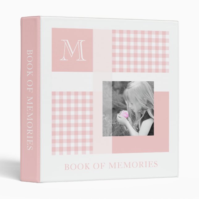 Pink Add Your Photo Gingham Modern Monogram Binder (Front/Spine)
