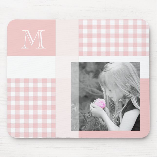 Pink Add Your Photo Gingham Modern Monogram Mouse Pad (Front)