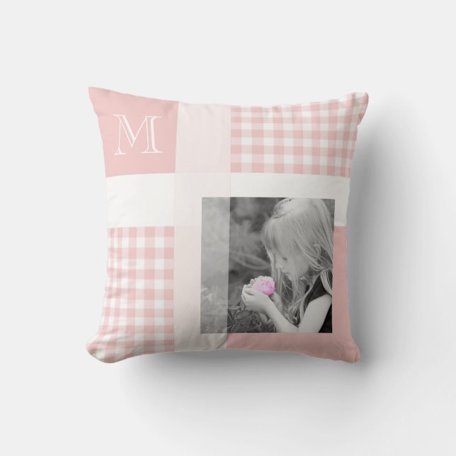 Pink Add Your Photo Gingham Modern Monogram Throw Pillow (Front)