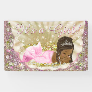 Pink African American Mermaid Baby Shower Banner