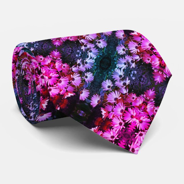 Pink African Daisy Flowers Abstract Art Pattern Tie (Rolled)