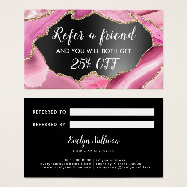 pink agate black foil referral Card (Front & Back)