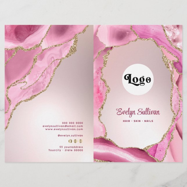 Pink agate faux foil service menu brochure (Front)