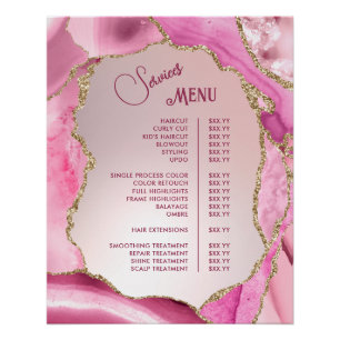 Pink Agate Faux Foil Services Menu Poster