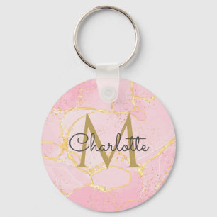 Pink Agate Geode Gold Monogram Elegant Script  Keychain